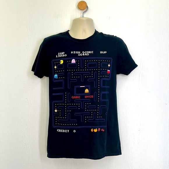 Fruit Of The Loom - PAC Man Black Game Over Graphic Short Sleeve T Shirt Size M - Picture 1 of 9